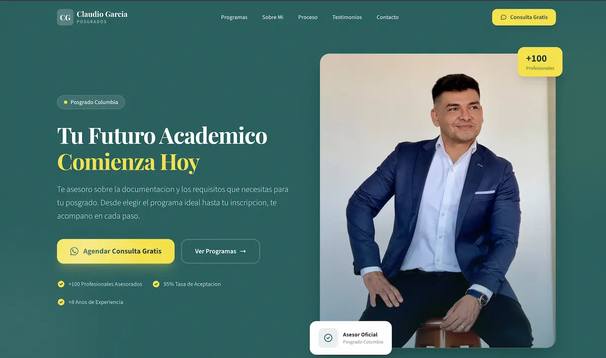 Claudio Garcia - Landing para asesor de posgrados — caso de estudio de Educación / Posgrados